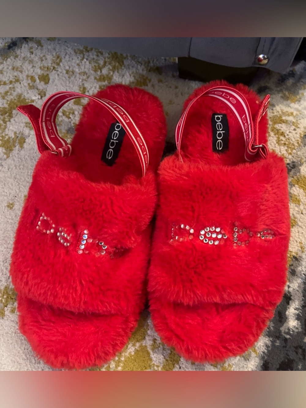 bebe Red Fuzzy Slide Sandals with Crystal Accent